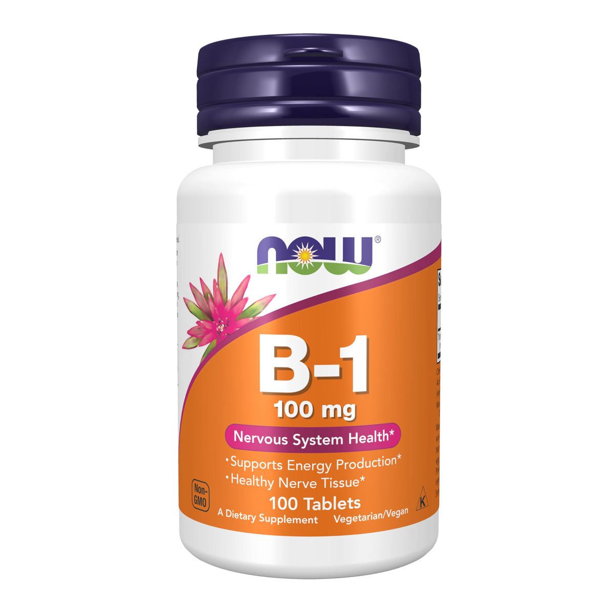 NOW Foods Vitamin B-1 100 mg bottle label close-up