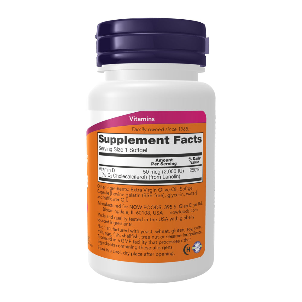 NOW Foods Vitamin D-3 2000 IU Softgels bottle close-up
