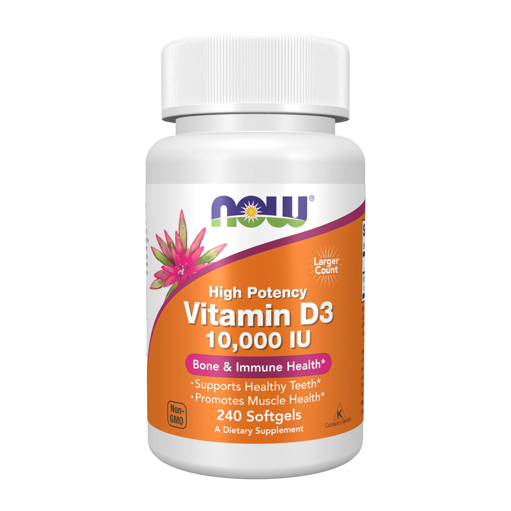 NOW Foods Vitamin D-3 10,000 IU softgels bottle - front view