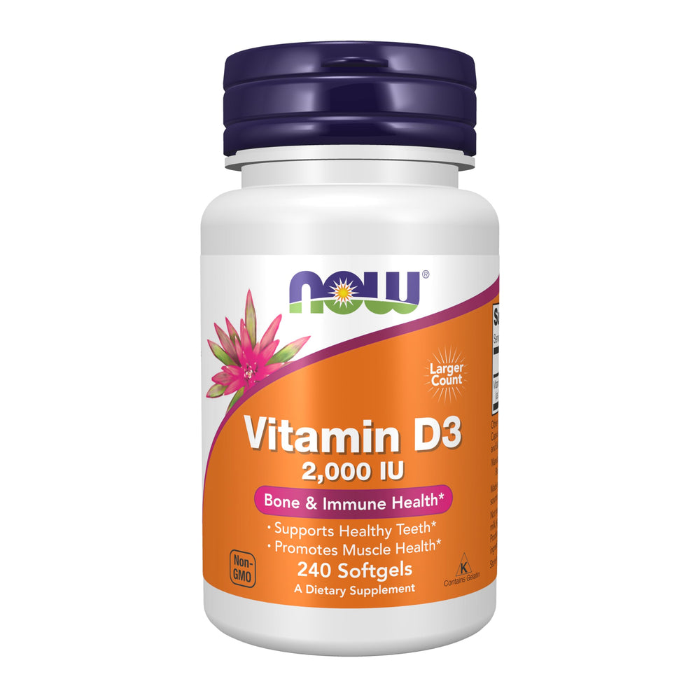 NOW Foods Vitamin D-3 2000 IU bottle showcasing high potency for bone support