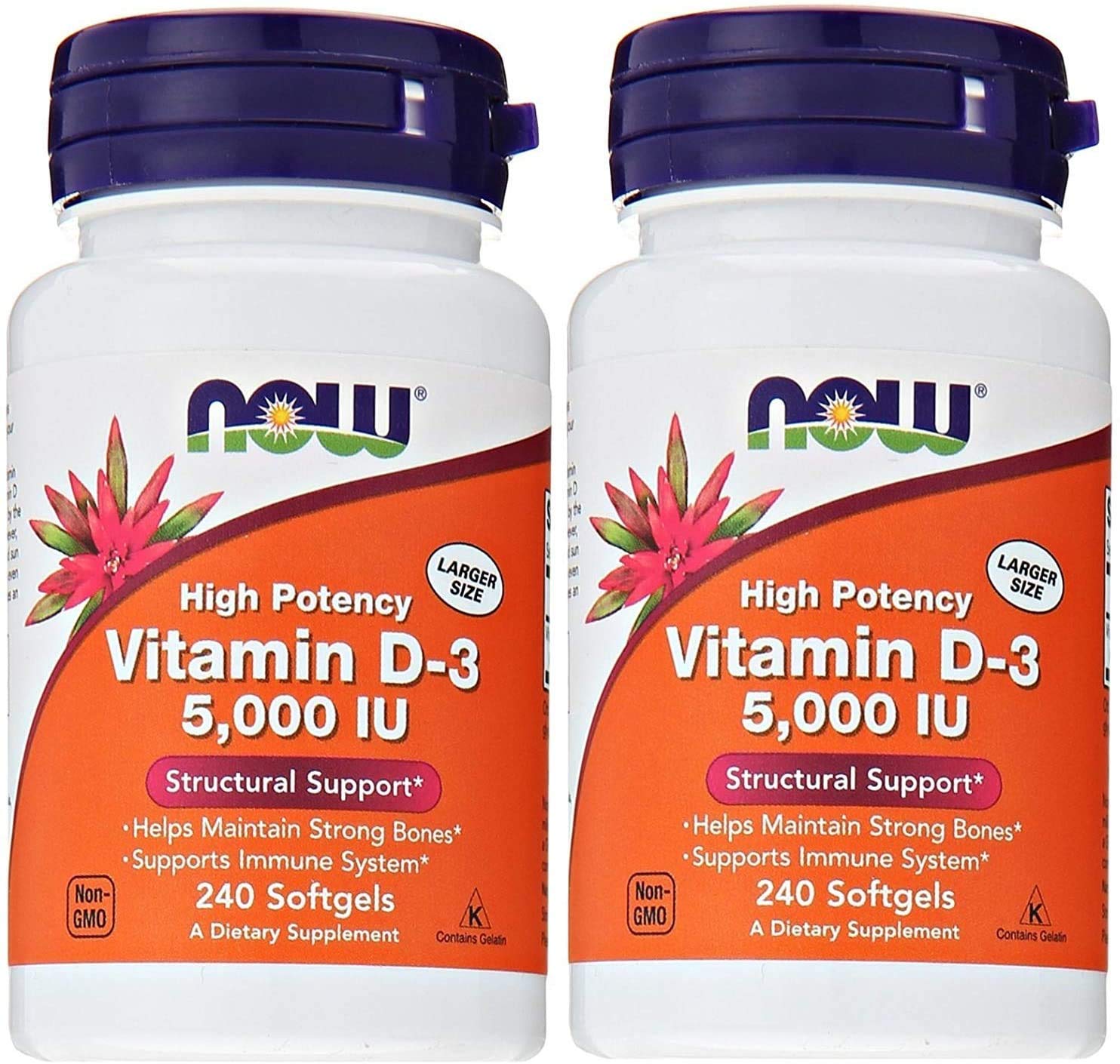 Now Foods Vitamin D3 5000 IU bottle front label in Pack of 2