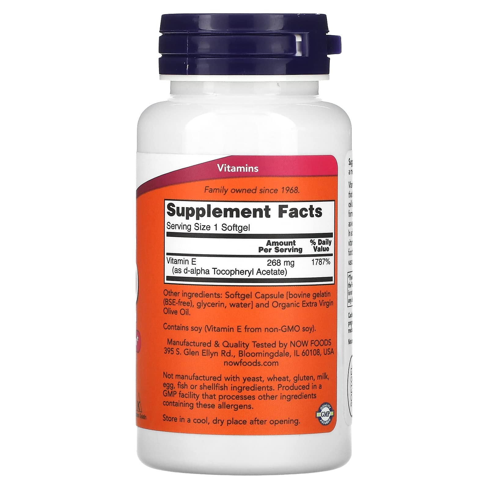 Close-up of Now Foods Vitamin E 400 IU D Alpha Tocopheryl Acetate softgels