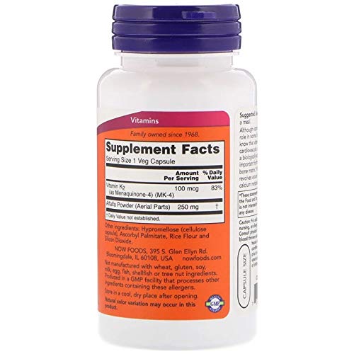 Close-up of Now Foods Vitamin K-2 100 mcg Vcaps bottle