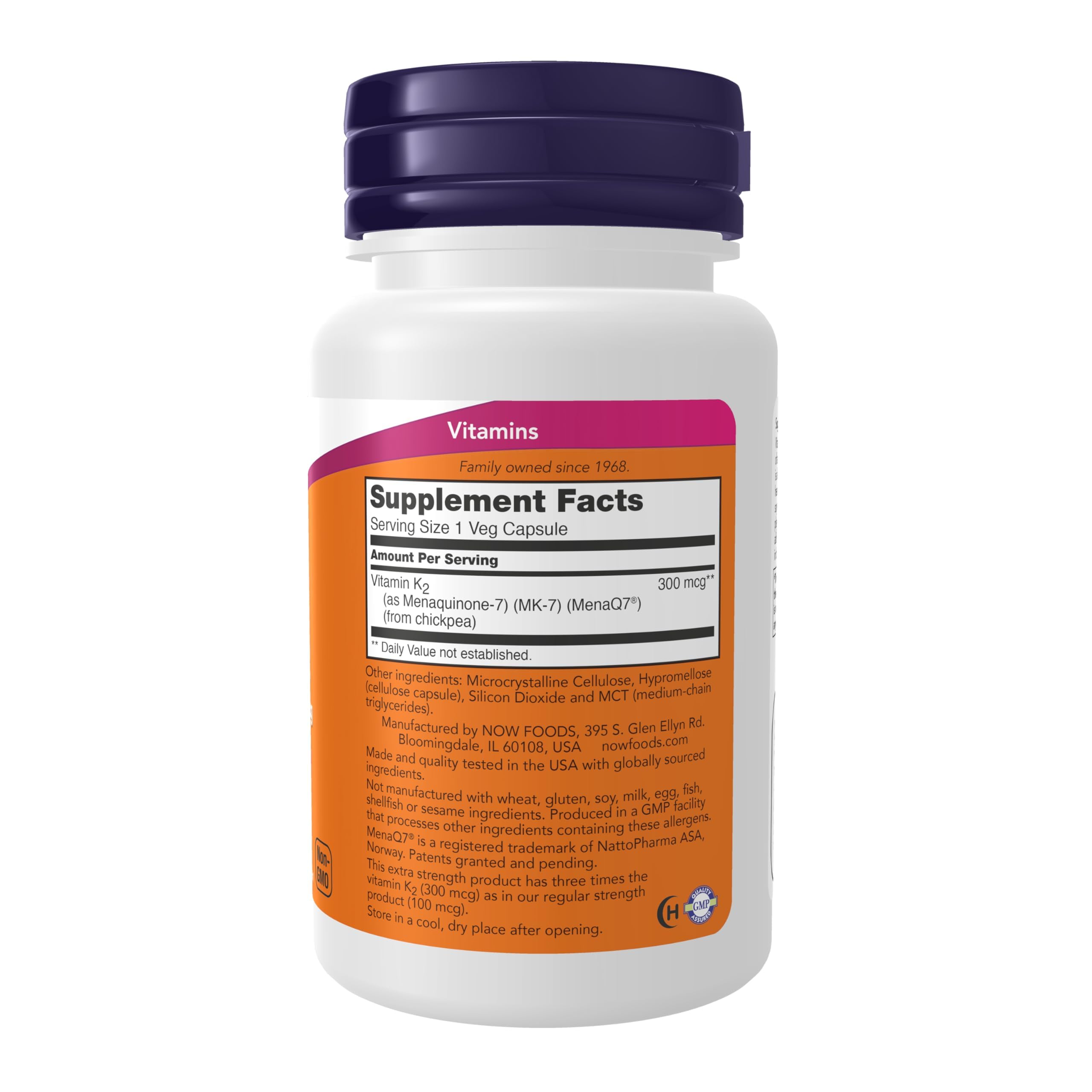 NOW Foods Vitamin K2 MK-7 300 mcg bottle product shot