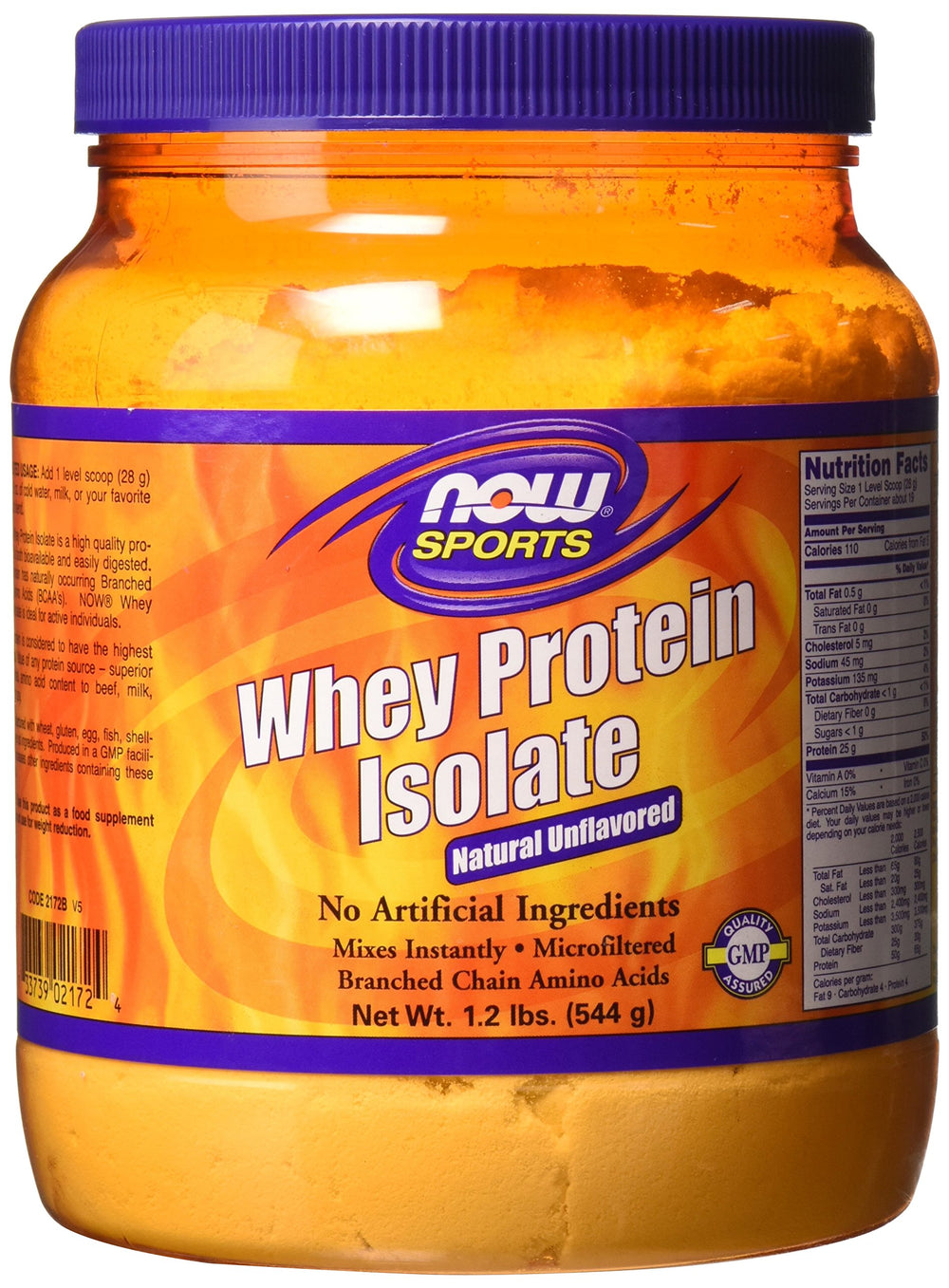 NOW Foods Whey Protein Isolate unflavored front label highlighting pure, all-natural protein for post-workout fueling.