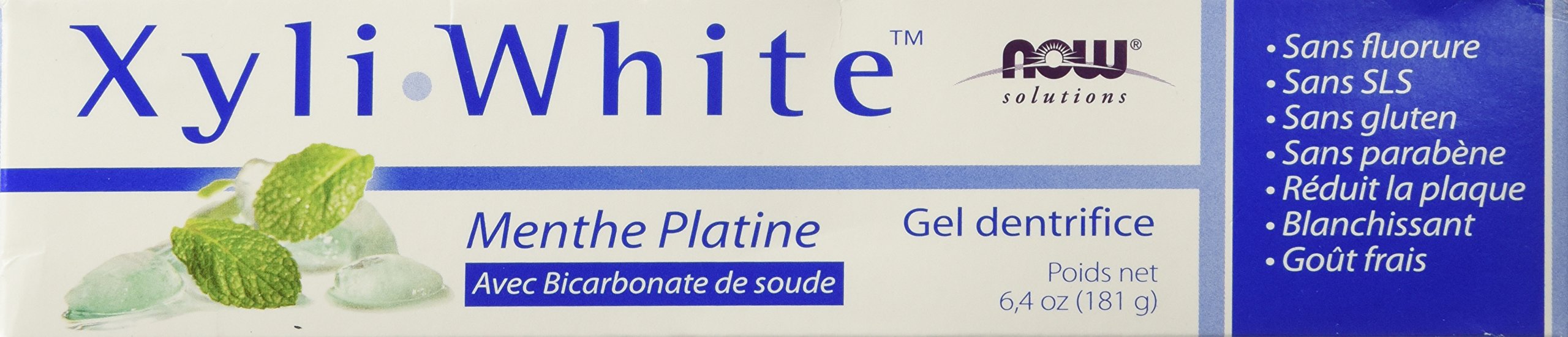 Close-up of XyliWhite Platinum Mint toothpaste tubes showing baking soda and 25% Xylitol