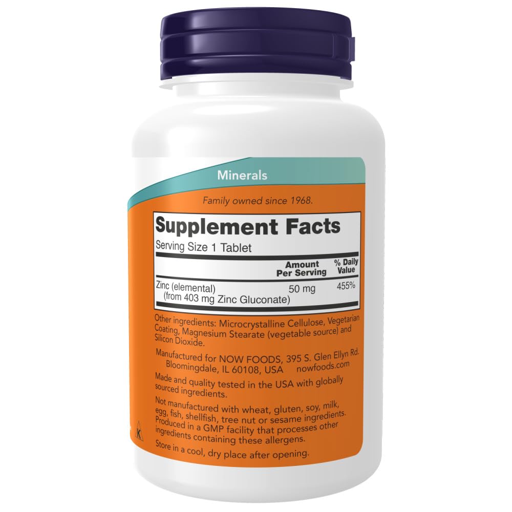 NOW Foods Zinc Gluconate bottle back label with supplement facts