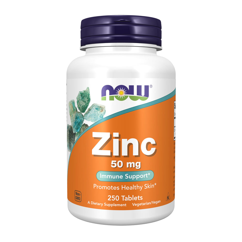 NOW Foods Zinc Gluconate 50 mg bottle front view, promotes everyday immune support.