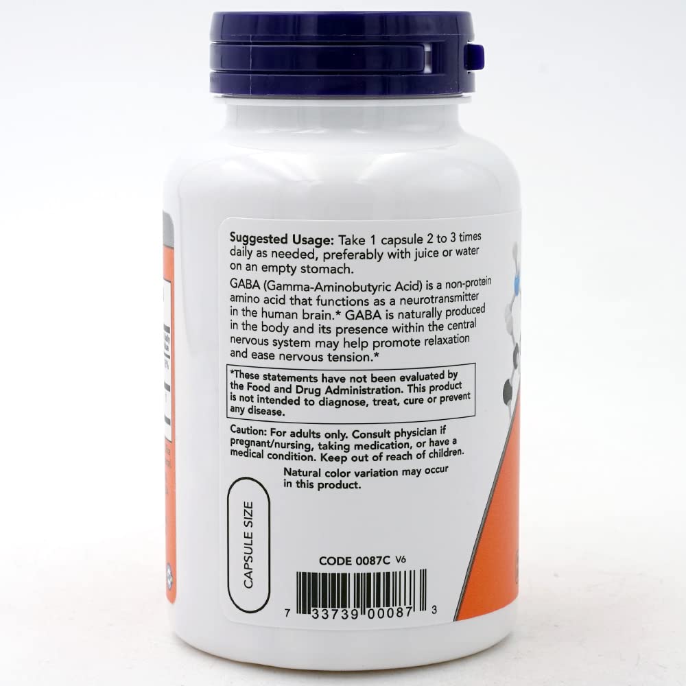 Close-up of NOW Gaba 500mg vegan capsules