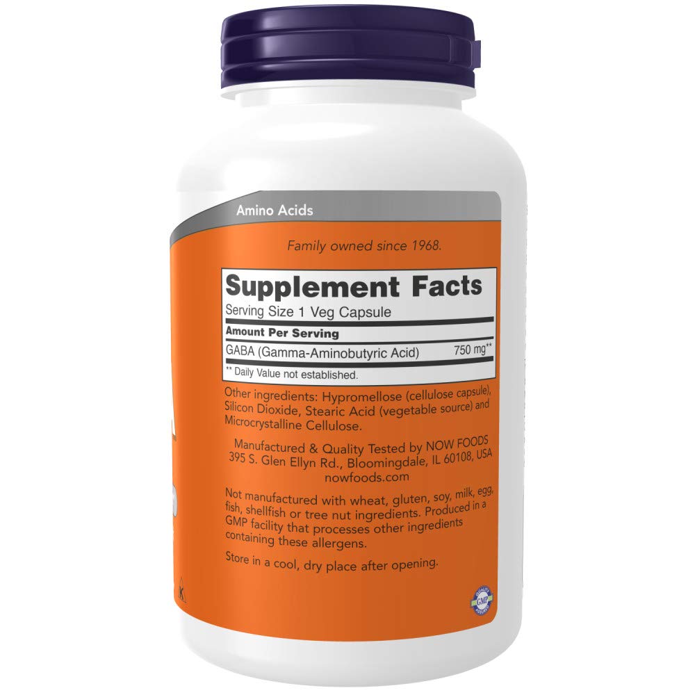 Close up of Now GABA 750 mg label