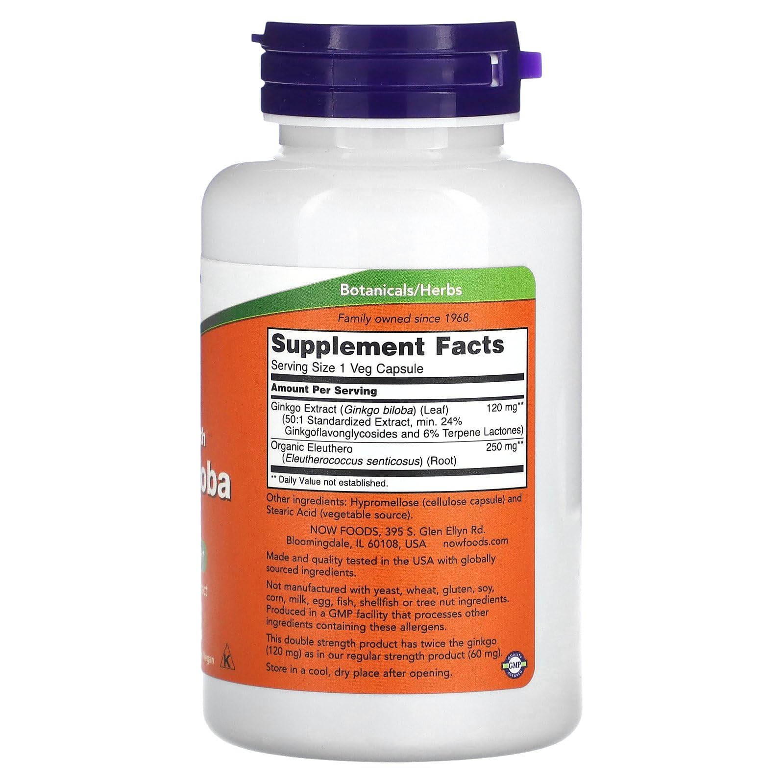 NOW Foods Ginkgo Biloba 120 mg label and capsules product image