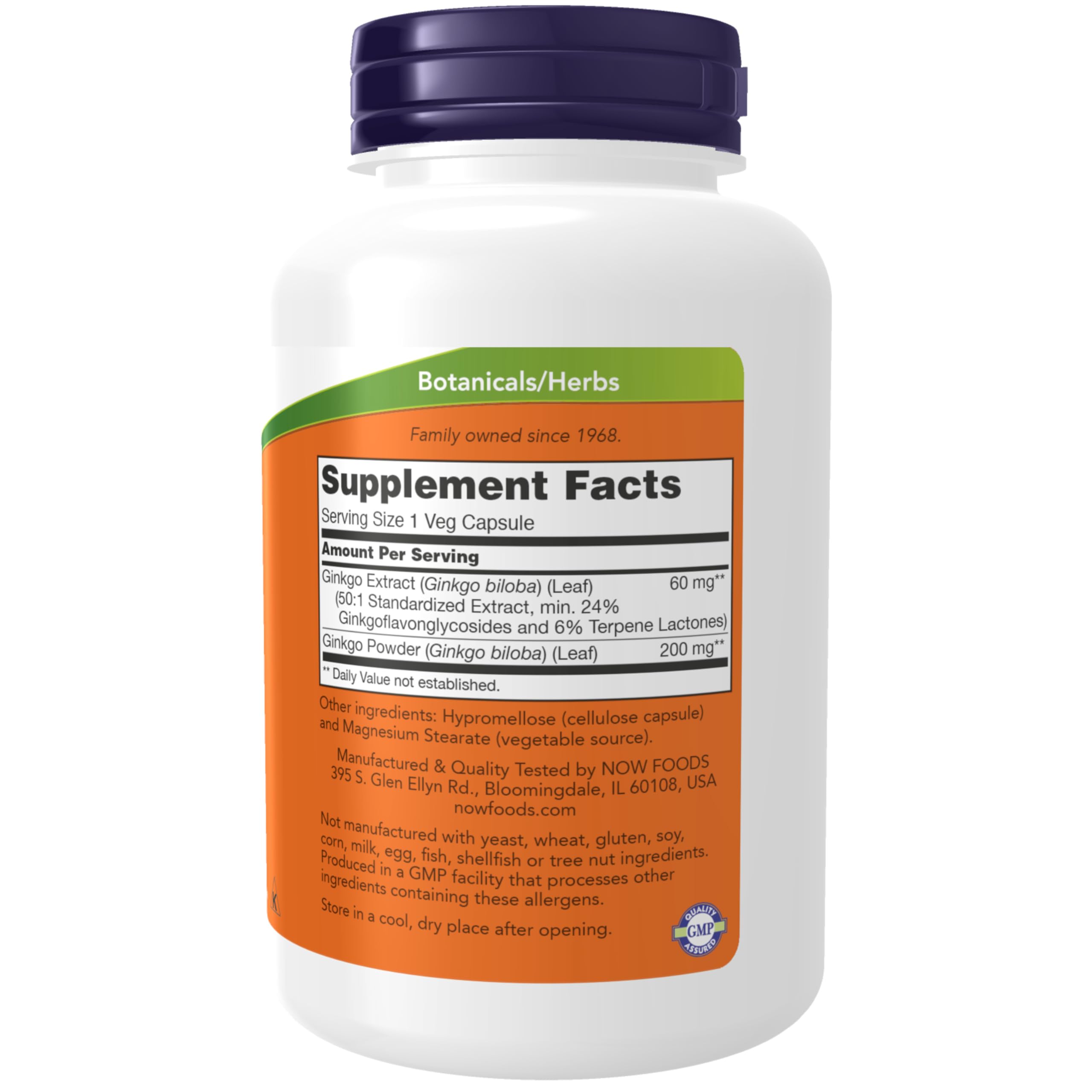 NOW Ginkgo Biloba 60 mg label showing 24% standardized extract