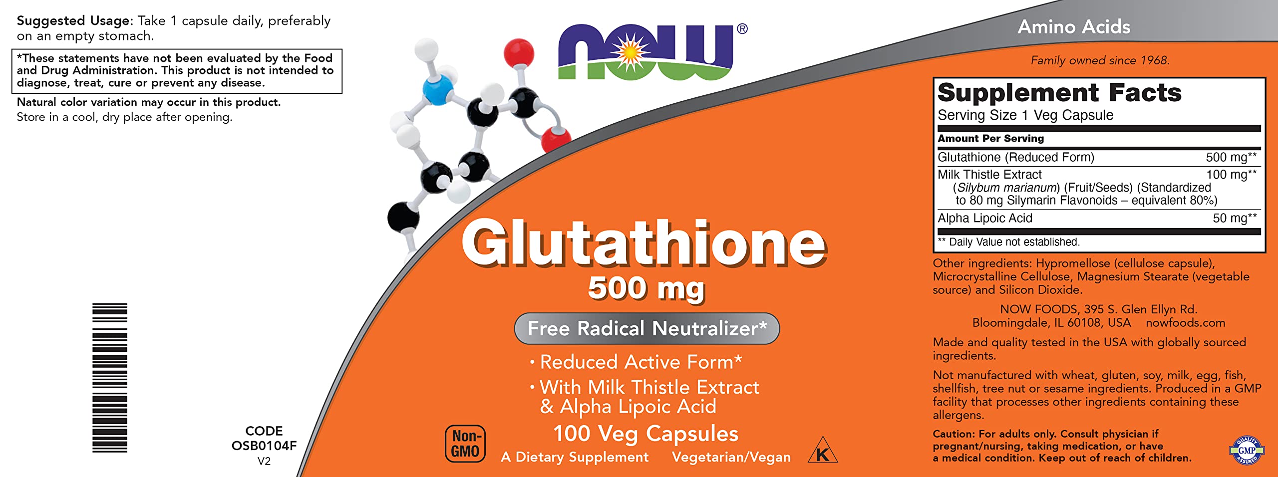 Non-GMO vegan Kosher NOW Glutathione 500 mg label