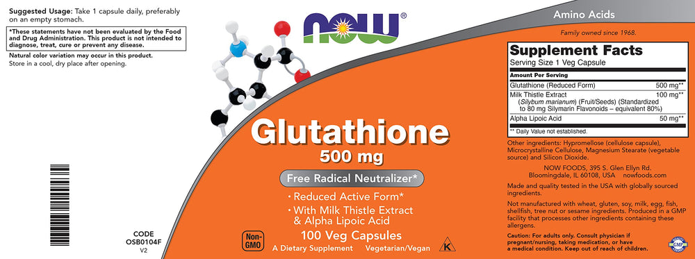 Non-GMO vegan Kosher NOW Glutathione 500 mg label
