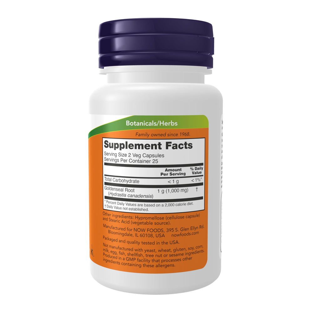 NOW Goldenseal Root 500 mg capsules close-up