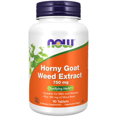 NOW Horny Goat Weed Extract 750 mg plus 150 mg Maca Root tablets packaging