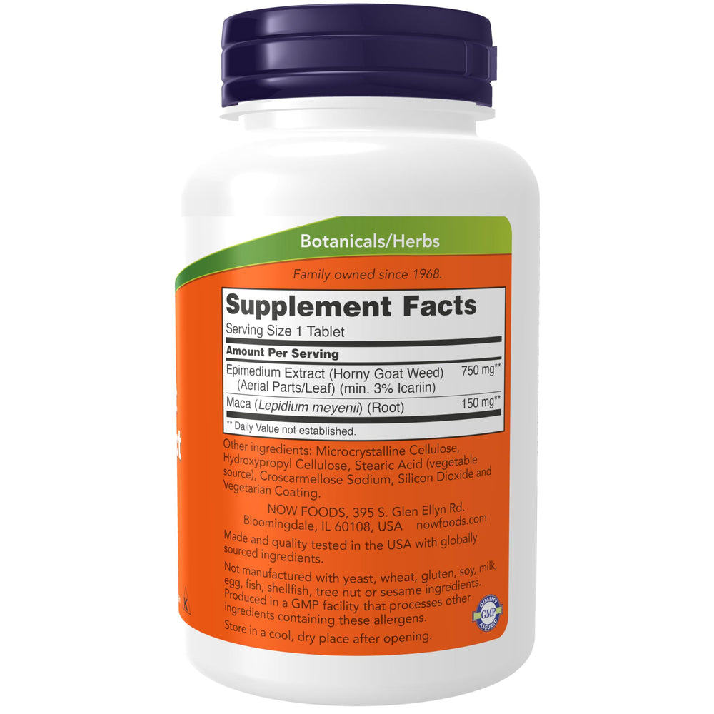 Oval NOW Horny Goat Weed and Maca Root tablets close up