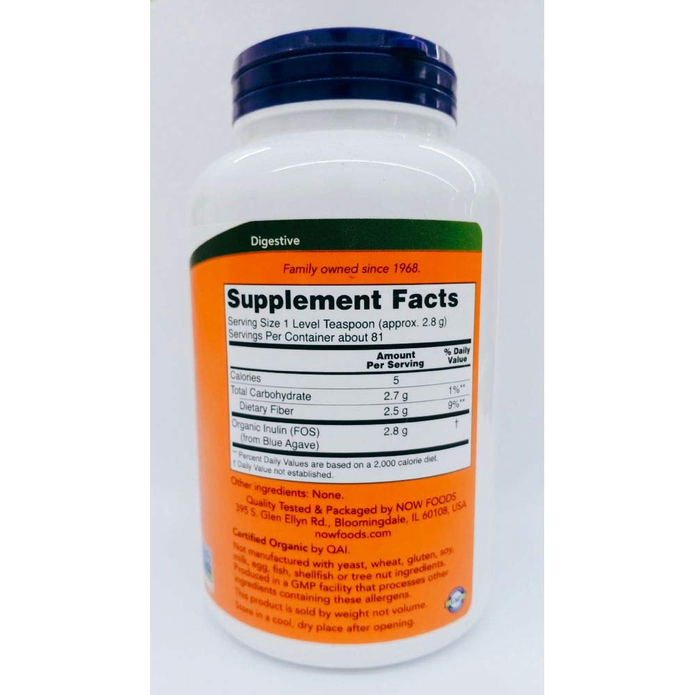 NOW Inulin Prebiotic Fos packaging label close-up