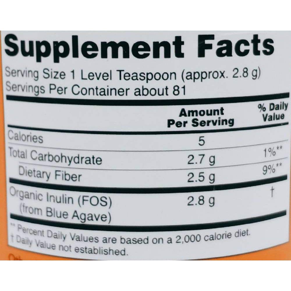 Back view of NOW Inulin Prebiotic Fos bottles with supplement facts