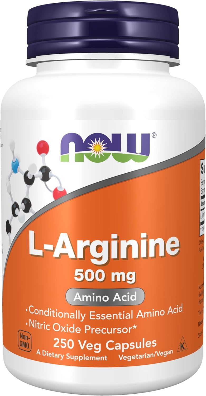 NOW L-Arginine 500 mg, 250 Veg Capsules bottle - front view