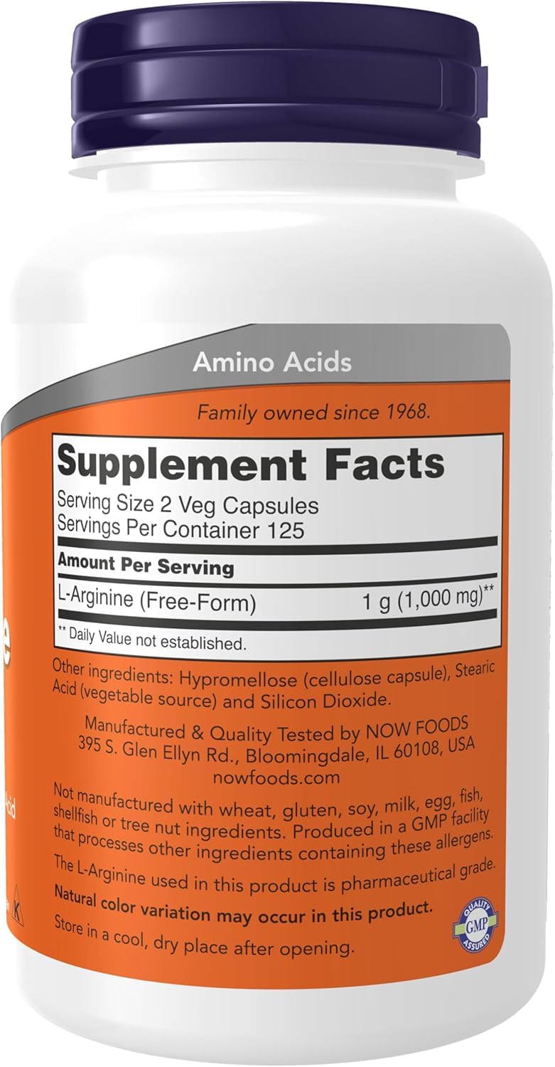 NOW L-Arginine 500 mg bottle - side label