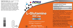 Supplement facts panel for Now L-Glutamine 500 mg