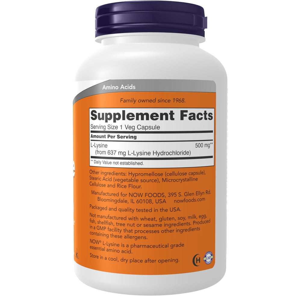 NOW L-lysine 500 mg bottle - label close-up