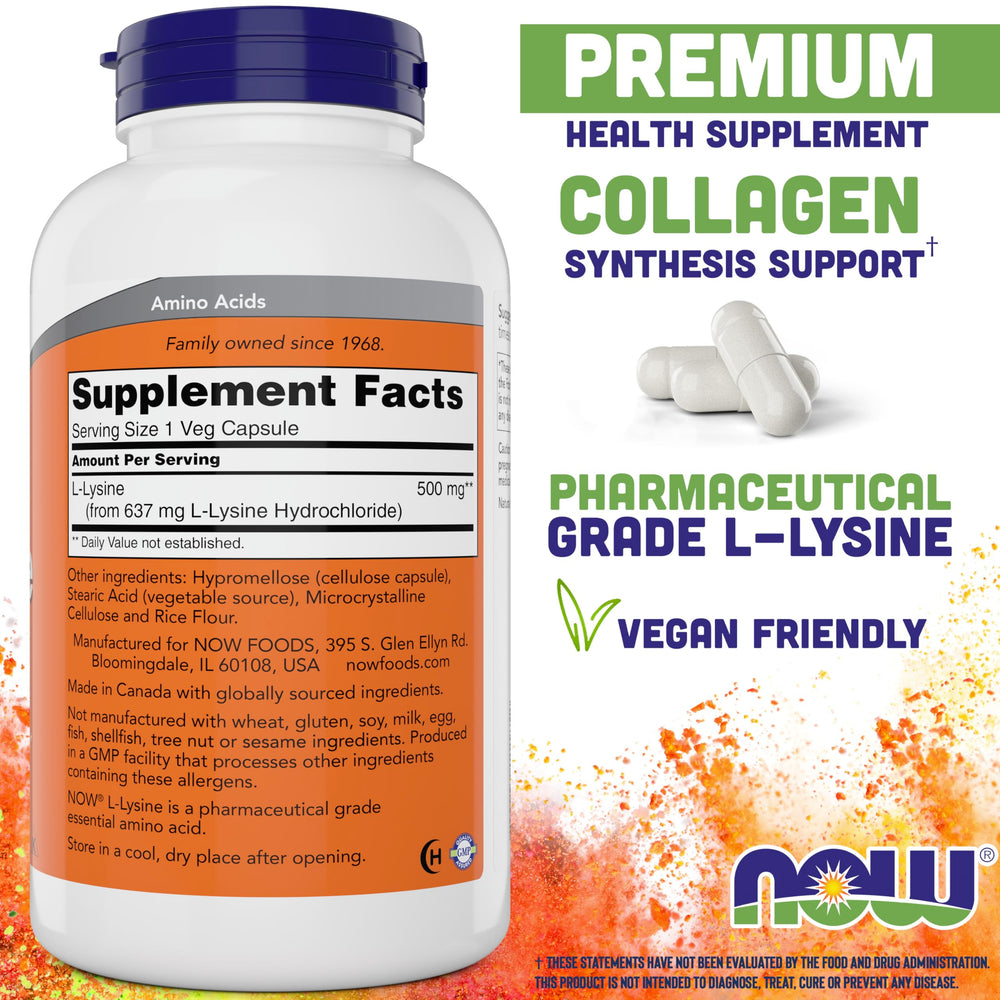 NOW L-Lysine 500 mg bottle with label close-up