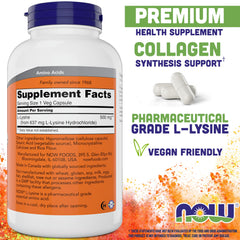 NOW L-Lysine 500 mg bottle with label close-up