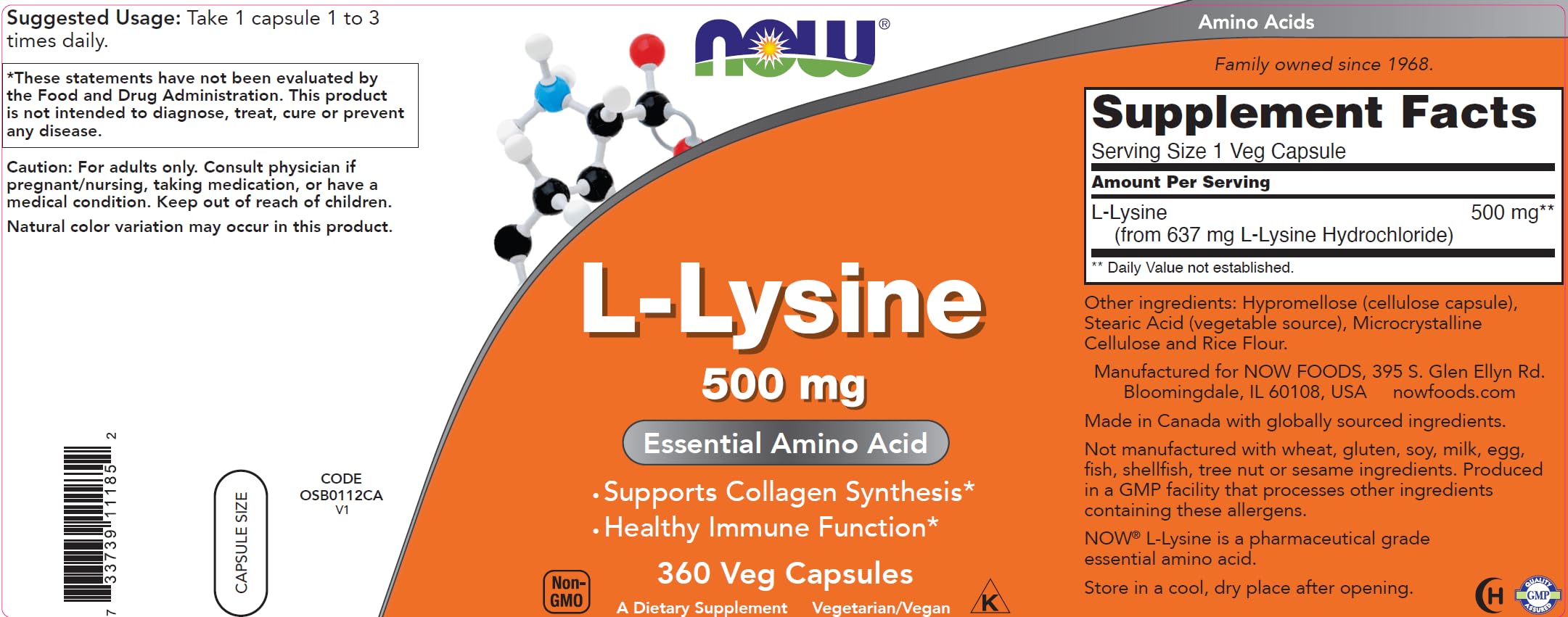 NOW L-Lysine 500 mg label and supplement facts