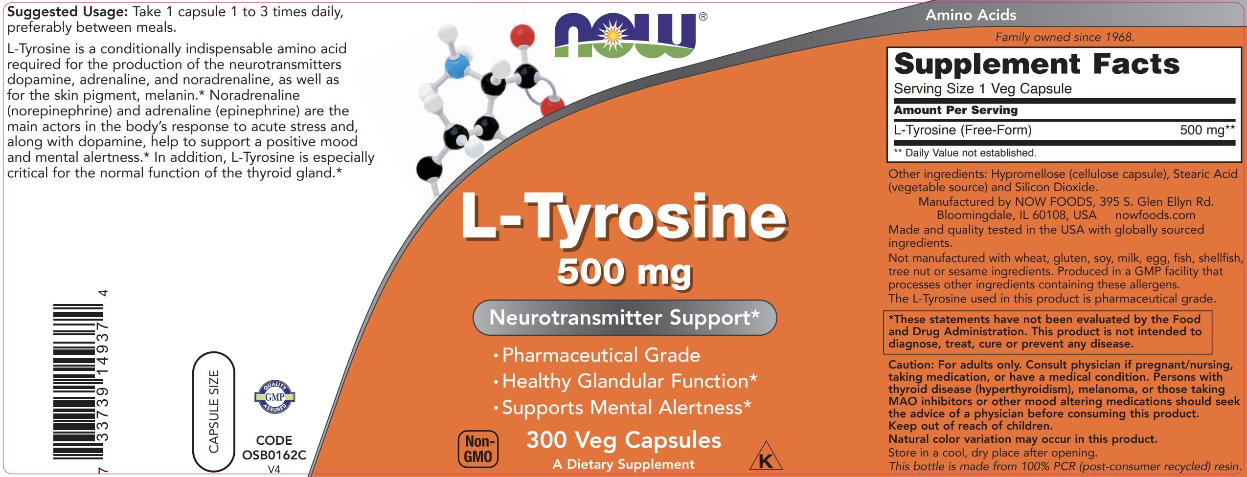 Free form L-Tyrosine supplement close-up