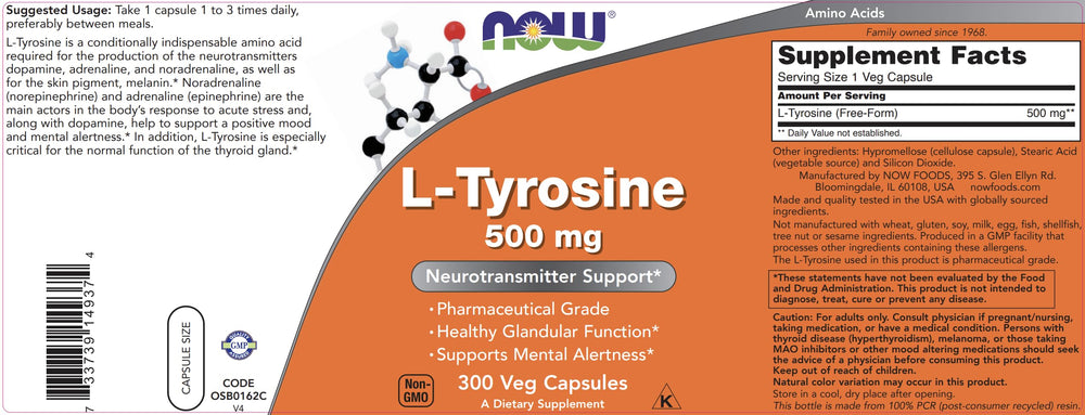 Free form L-Tyrosine supplement close-up