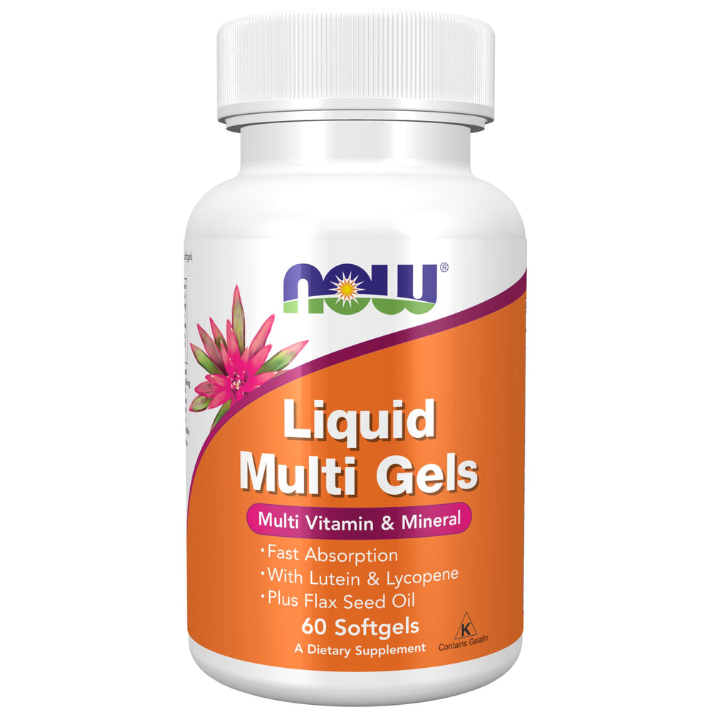 NOW Liquid Multi Gels bottle with lutein, lycopene and flax seed oil