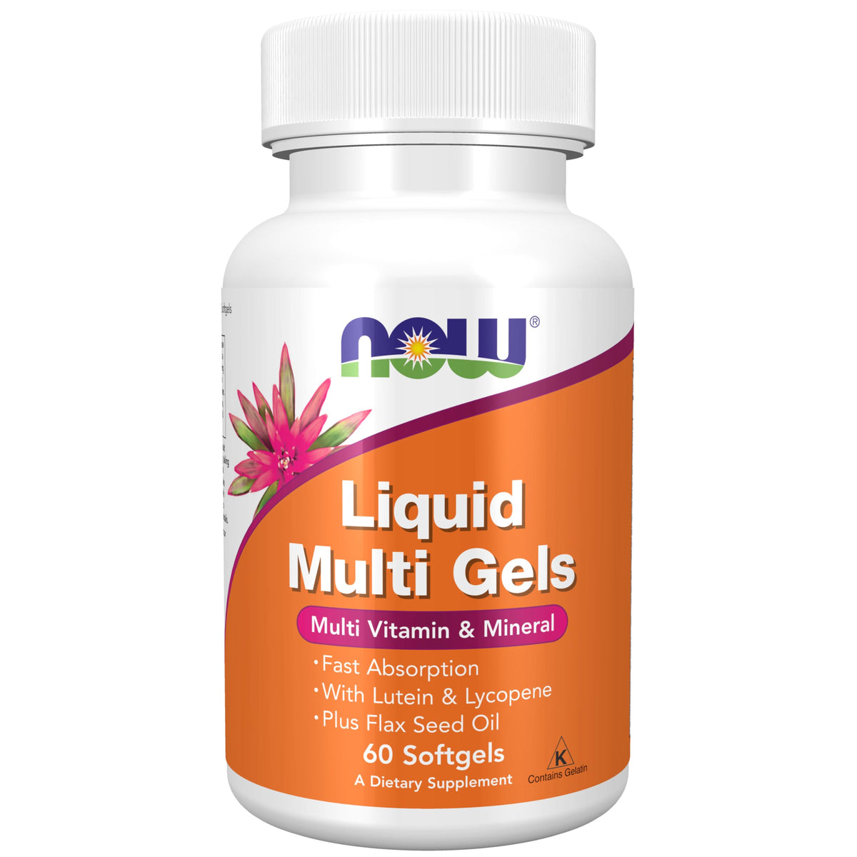 NOW Liquid Multi Gels bottle with lutein, lycopene and flax seed oil