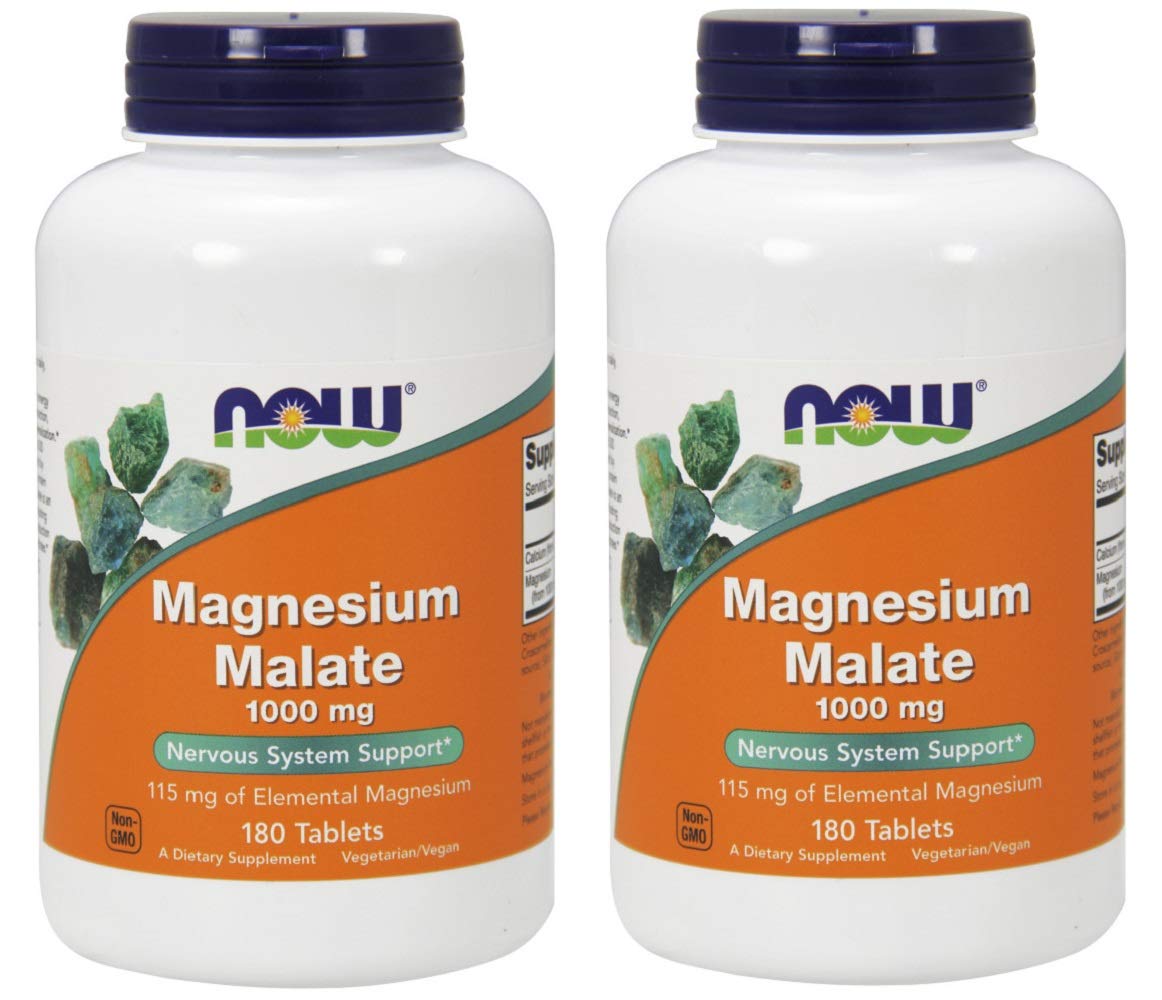 NOW Magnesium Malate 1000mg bottle with 180 tablets in pack of 2