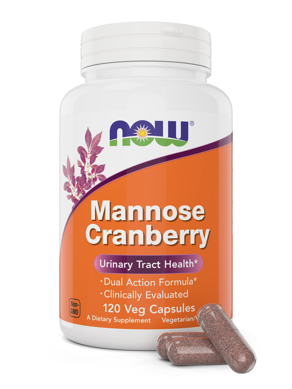 NOW Foods Mannose Cranberry 120 Veg Capsules bottle on white background