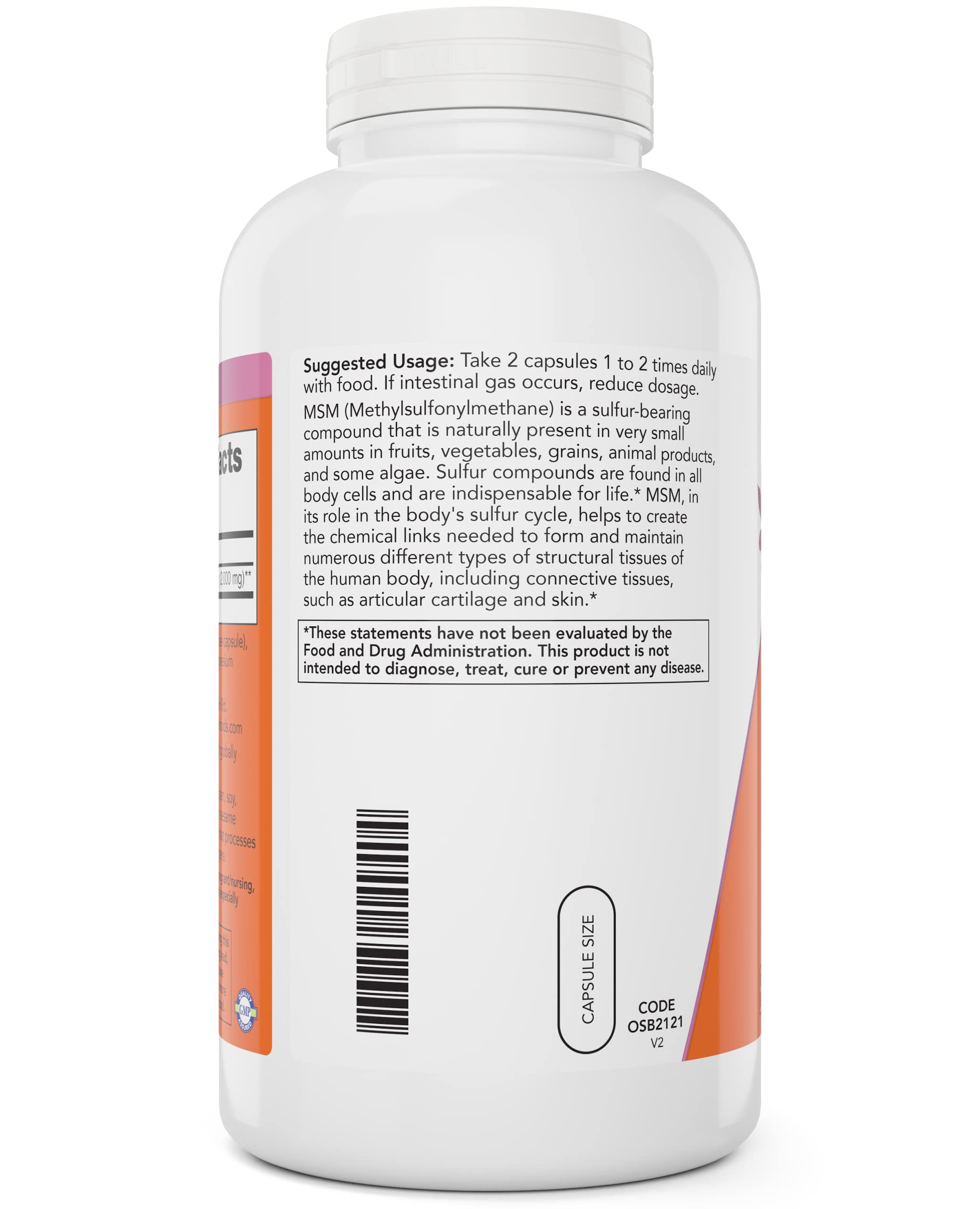 Nutrition facts for Now MSM 1000 mg 400-count bottle
