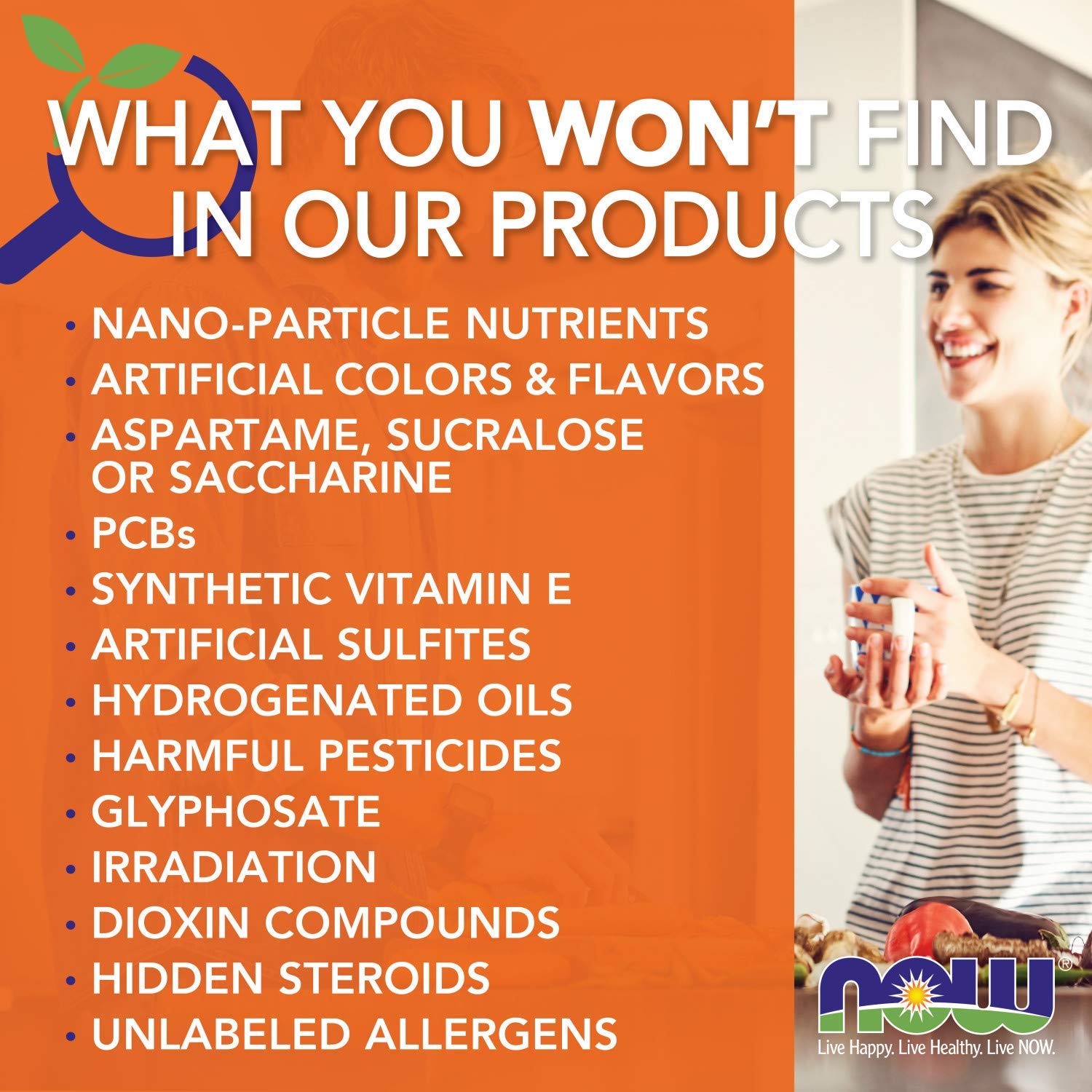 Icons showing vegan vegetarian non-GMO kosher for NOW NAC 1000 mg