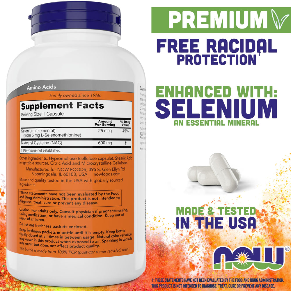 NAC 600 mg 400 capsules supplement facts panel showing 25 mcg Selenium