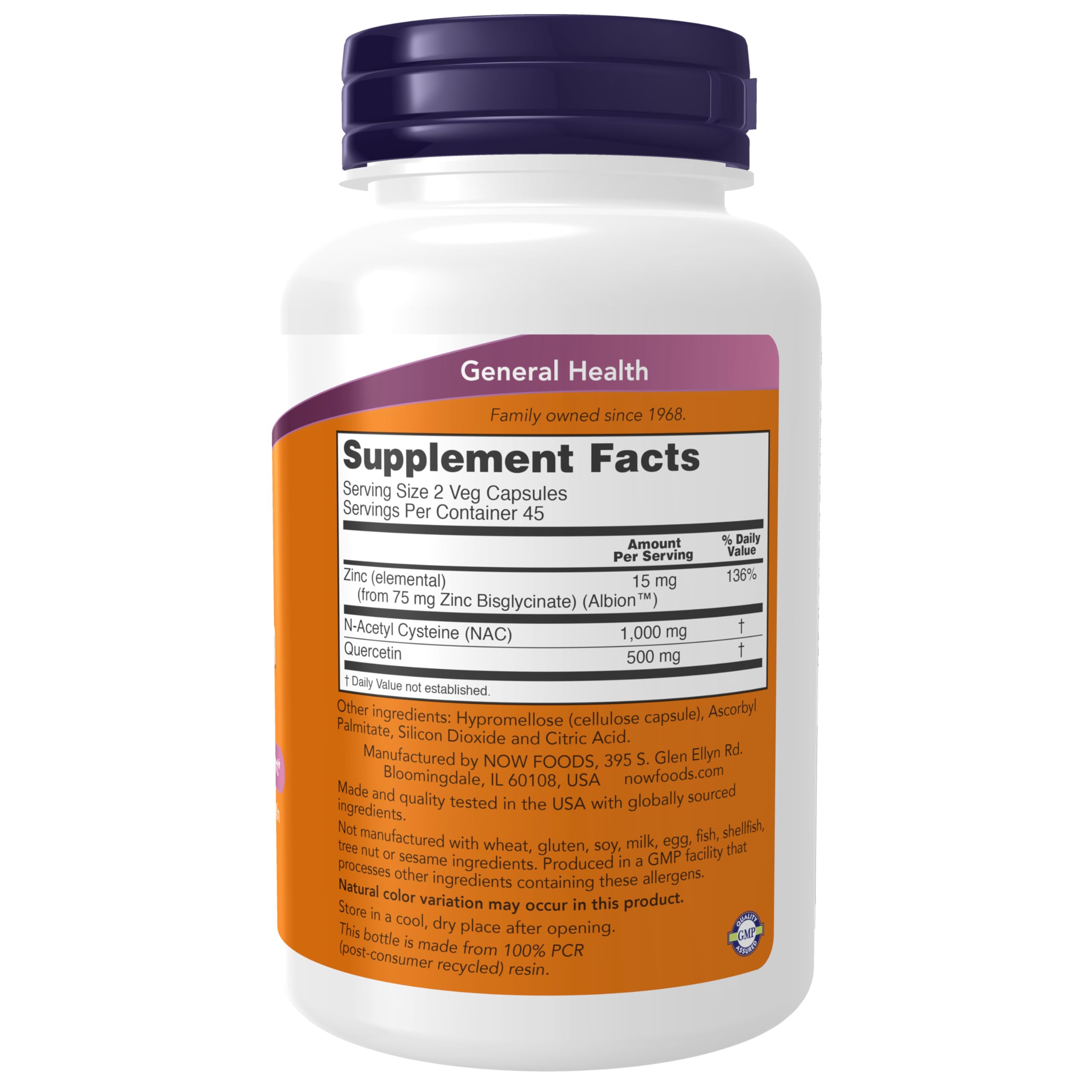 Label close-up of NOW Foods NAC Quercetin Zinc supplement