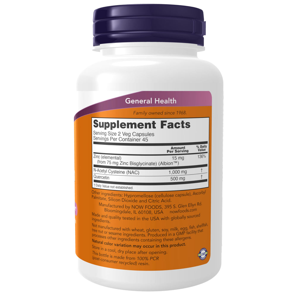 Label close-up of NOW Foods NAC Quercetin Zinc supplement