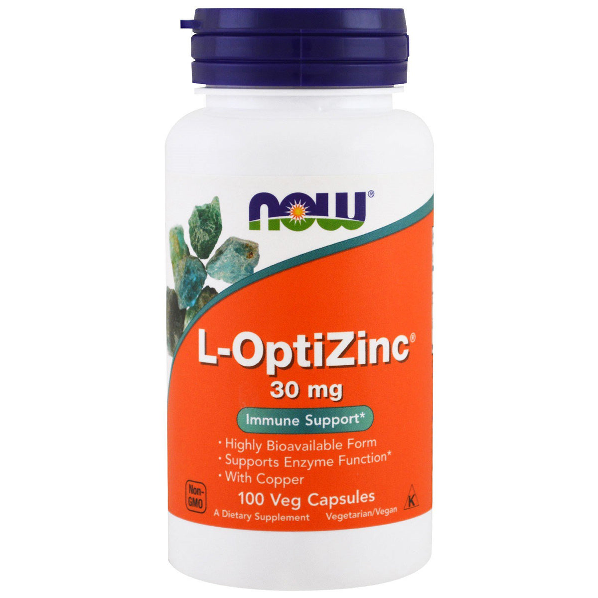 NOW Opti L-zinc 30mg bottle front view – 100 capsules per bottle, pack of 3
