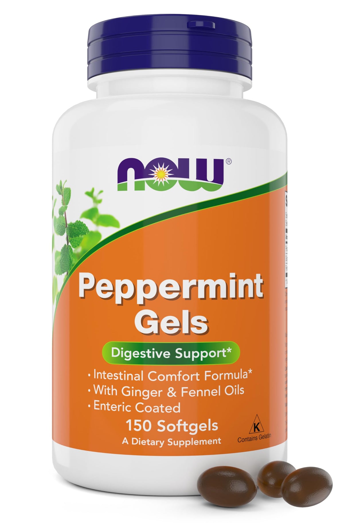 NOW Peppermint Gels with Ginger Oil and Fennel Oil 150 softgels enteric coated bottle