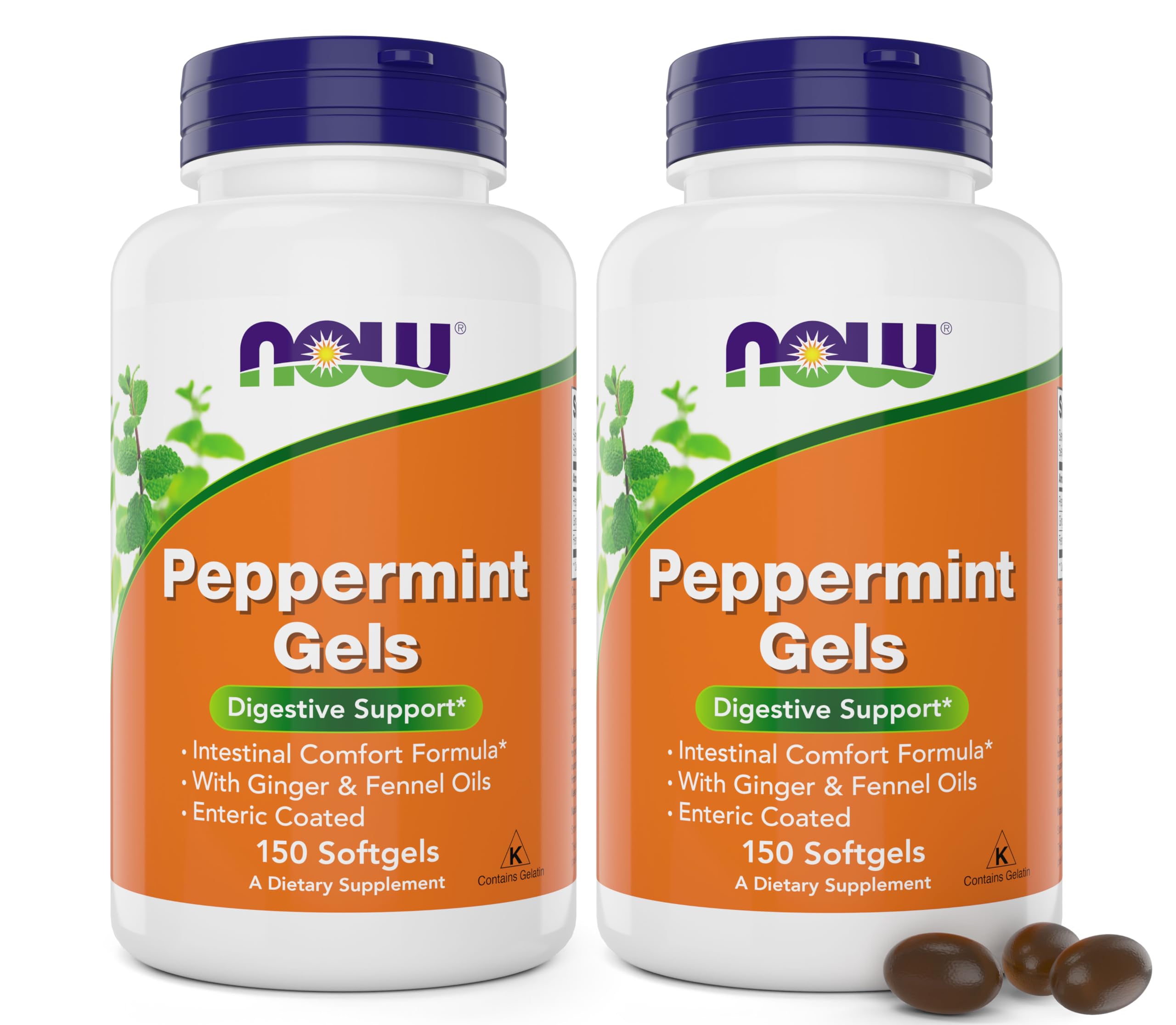 NOW Peppermint Gels with Ginger Oil and Fennel Oil, 150 Softgels (Pack of 2) – enteric coated bottle