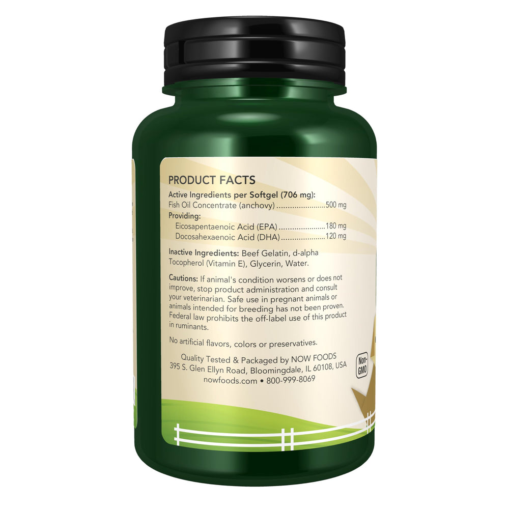 Dog taking NOW Omega-3 Mini Gels supplement