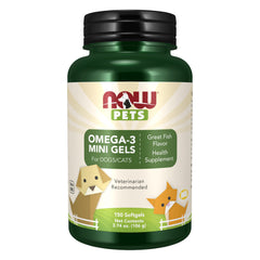 NOW Pet Health Omega-3 Mini Gels packaging showing 150 softgels