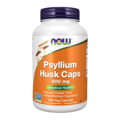 NOW Foods Psyllium Husk Caps bottle label showing 500 mg and 500 Veg Capsules