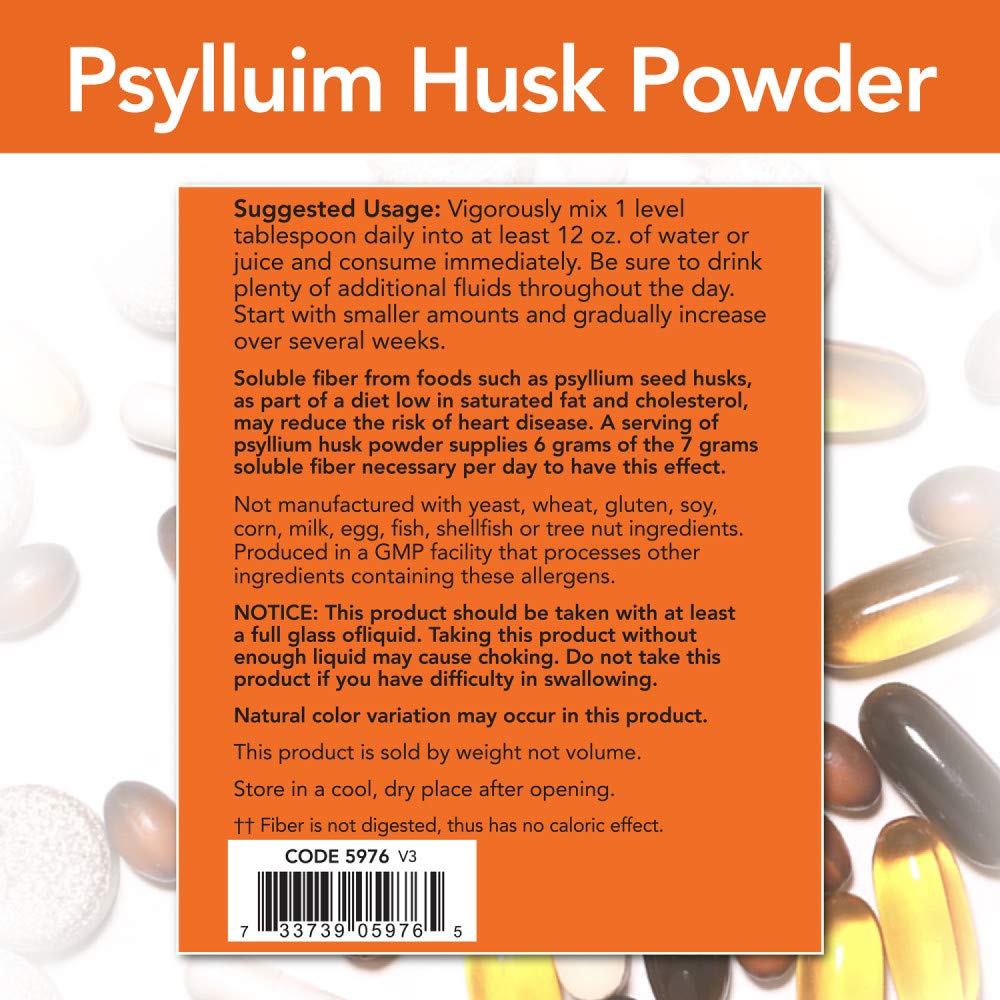 NOW Psyllium Husk Powder 12lb label with nutrition facts