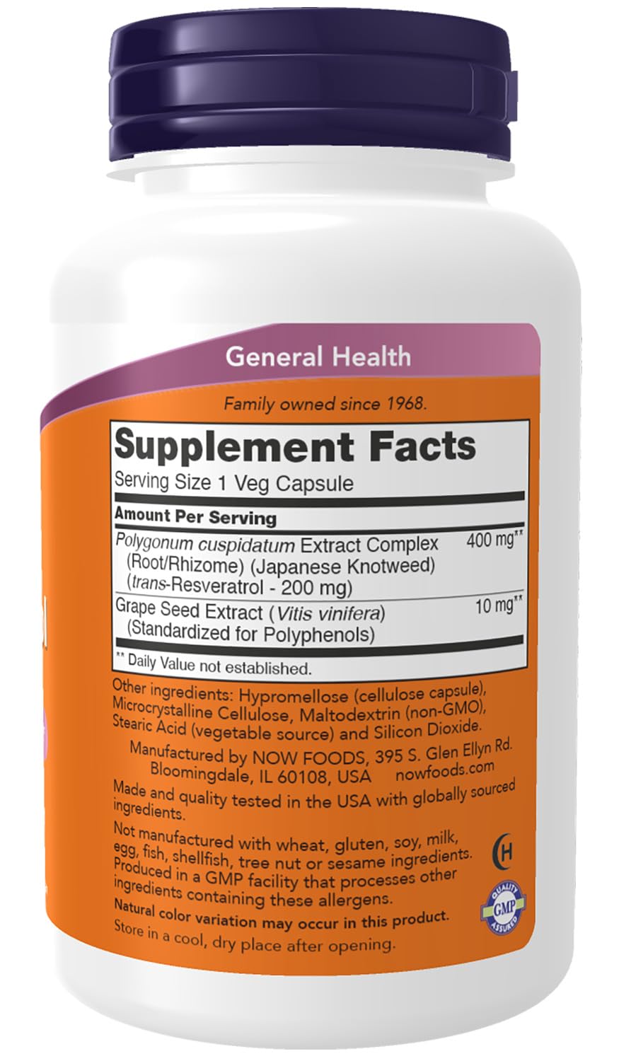 NOW Resveratrol 200 mg bottle back label with supplement facts