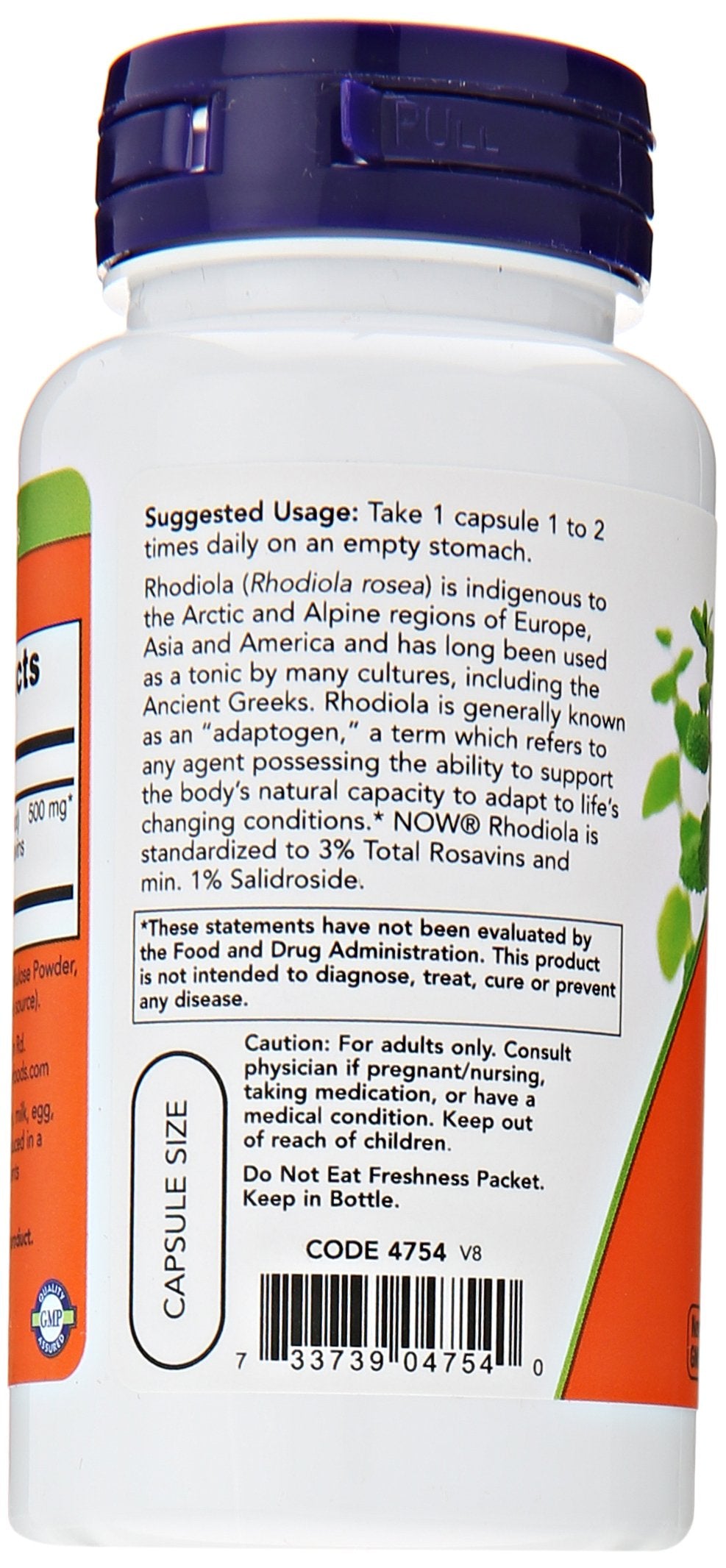 Close-up of NOW Rhodiola Rosea 500mg label on bottle